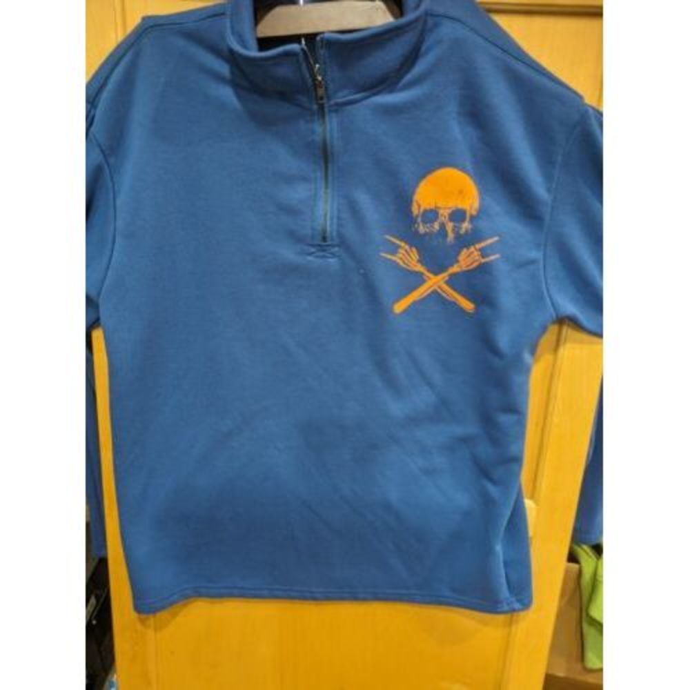 Skull Crossbones Greeting Sweatshirt Blue 1/4 Zip Mens Size large hoodie